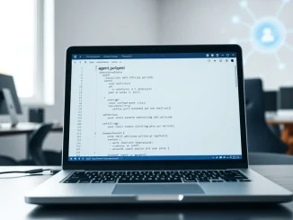 Developer workstation with AI agent policy file open on laptop screen