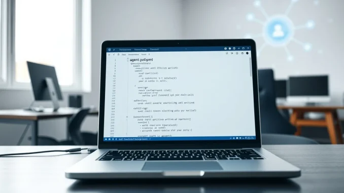 Developer workstation with AI agent policy file open on laptop screen