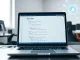 Developer workstation with AI agent policy file open on laptop screen