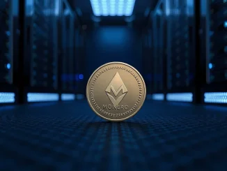 A Monero (XMR) coin resting in a secure, dimly lit server room, symbolizing digital privacy and cryptography.