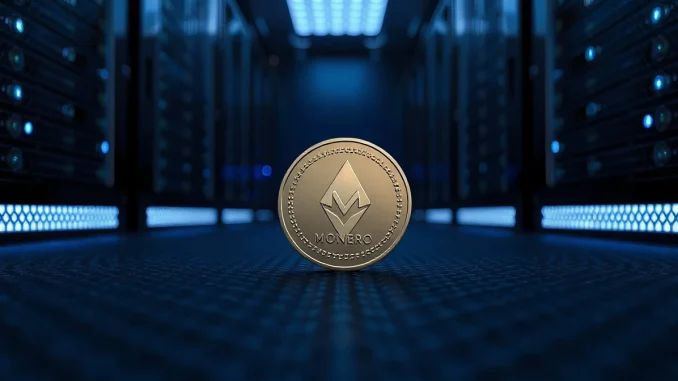 A Monero (XMR) coin resting in a secure, dimly lit server room, symbolizing digital privacy and cryptography.