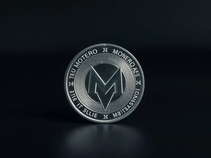 Monero (XMR) coin on a dark surface with professional lighting, representing privacy cryptocurrency analysis.