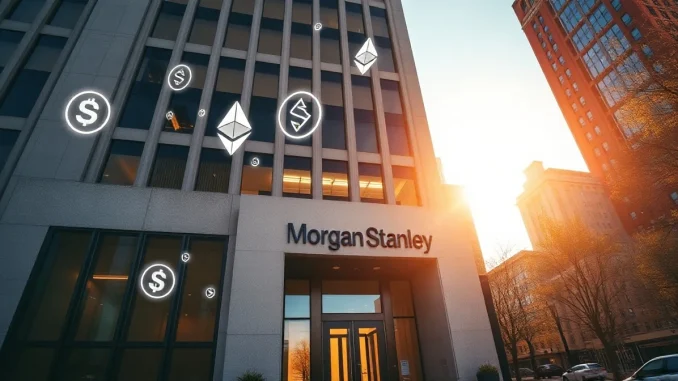 Morgan Stanley headquarters with digital Ethereum and Solana symbols overlaying the scene