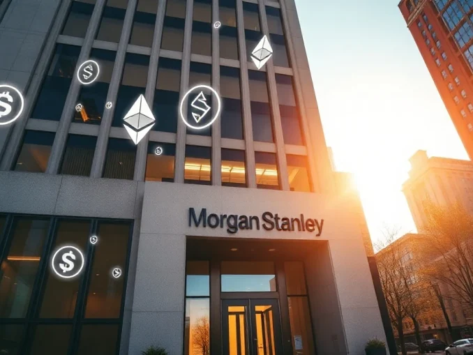 Morgan Stanley headquarters with digital Ethereum and Solana symbols overlaying the scene