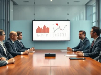 Corporate executives in a boardroom reviewing AI spending charts with red downward arrows