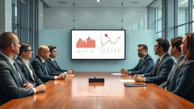 Corporate executives in a boardroom reviewing AI spending charts with red downward arrows
