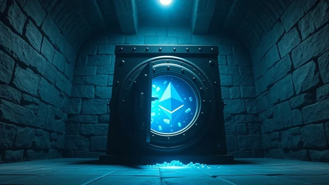 Ancient digital vault with blue ethereal light spilling out, representing dormant Ethereum wallets reactivating