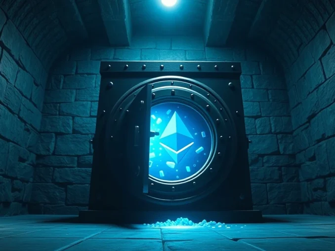 Ancient digital vault with blue ethereal light spilling out, representing dormant Ethereum wallets reactivating