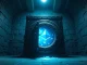 Ancient digital vault with blue ethereal light spilling out, representing dormant Ethereum wallets reactivating