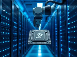 A robotic arm installing a custom AI chip in a data center server rack, representing the trend of tech companies developing their own silicon.