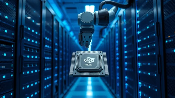 A robotic arm installing a custom AI chip in a data center server rack, representing the trend of tech companies developing their own silicon.