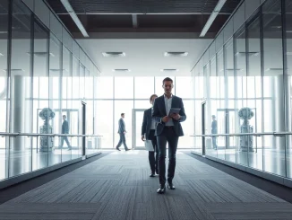 Two professionals in a modern office lobby, representing OpenAI's new hires Noam Shazeer and Dean Ball.