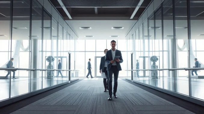 Two professionals in a modern office lobby, representing OpenAI's new hires Noam Shazeer and Dean Ball.