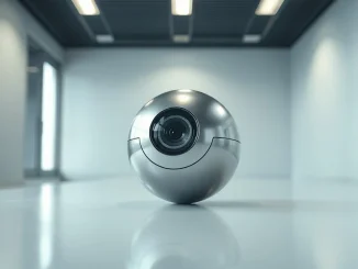 Worldcoin's silver iris-scanning orb device on a table in a modern office setting.