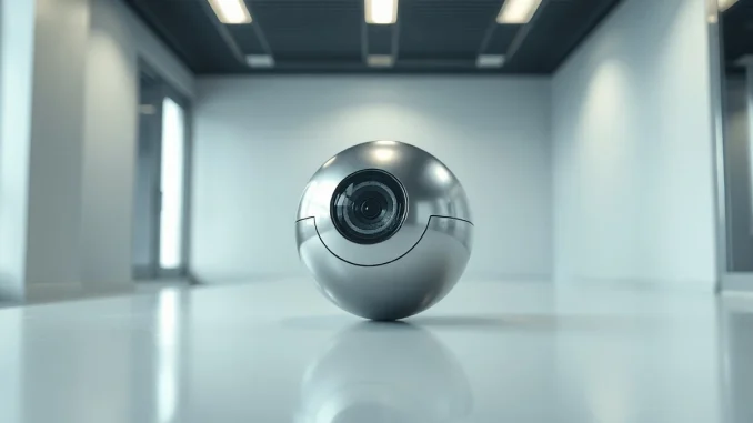 Worldcoin's silver iris-scanning orb device on a table in a modern office setting.