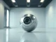 Worldcoin's silver iris-scanning orb device on a table in a modern office setting.