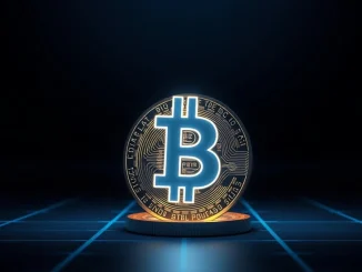 Bitcoin coin with glowing Ordinals inscription number 1 on dark background