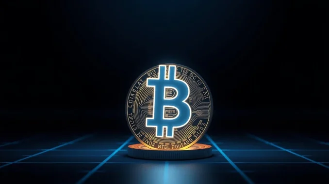 Bitcoin coin with glowing Ordinals inscription number 1 on dark background