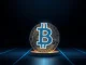 Bitcoin coin with glowing Ordinals inscription number 1 on dark background
