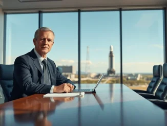 Roelof Botha seated in a modern boardroom with a rocket visible through the window