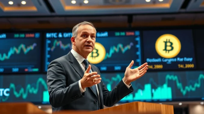 Michael Saylor speaking at BTC Prague conference, defending Strategy's Bitcoin sale for digital credit.