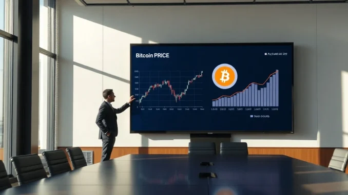 Corporate boardroom with Bitcoin price chart and executive signaling a purchase decision
