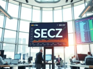 Digital stock ticker displaying SECZ symbol with upward charts in a modern financial office.