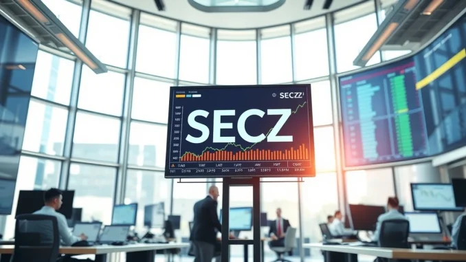 Digital stock ticker displaying SECZ symbol with upward charts in a modern financial office.