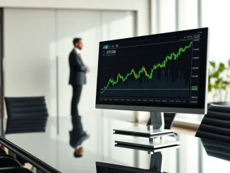 Computer monitor displaying an Ethereum price chart in a modern office boardroom.