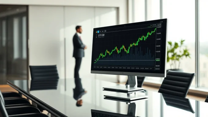 Computer monitor displaying an Ethereum price chart in a modern office boardroom.