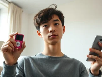 A person holds a retro iPod Shuffle and a modern smartphone, symbolizing the slowtech movement.