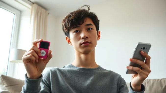 A person holds a retro iPod Shuffle and a modern smartphone, symbolizing the slowtech movement.
