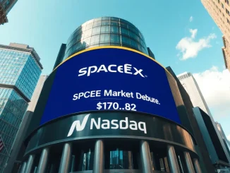 Nasdaq MarketSite display showing SpaceX stock price and logo on IPO day.