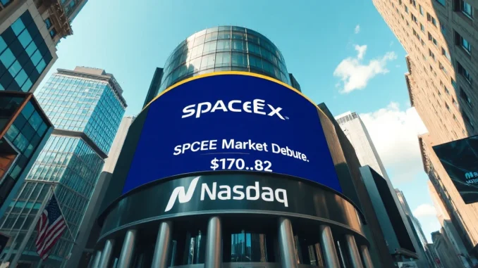 Nasdaq MarketSite display showing SpaceX stock price and logo on IPO day.