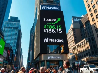 Nasdaq building in Times Square displaying SpaceX stock price after IPO
