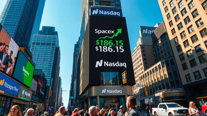 Nasdaq building in Times Square displaying SpaceX stock price after IPO
