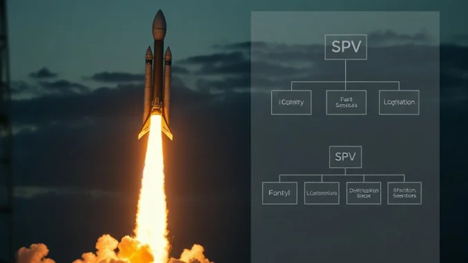 SpaceX rocket launch with faint overlay of complex organizational chart representing multi-layer SPV structures