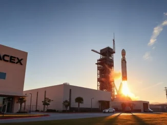 SpaceX headquarters with a Falcon 9 rocket on the launch pad at sunset.