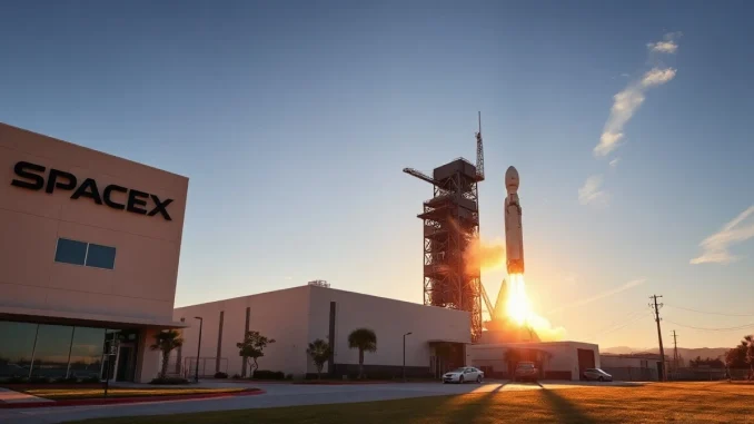 SpaceX headquarters with a Falcon 9 rocket on the launch pad at sunset.