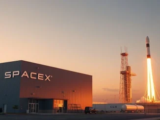SpaceX headquarters with Falcon 9 rocket at sunset in Hawthorne, California