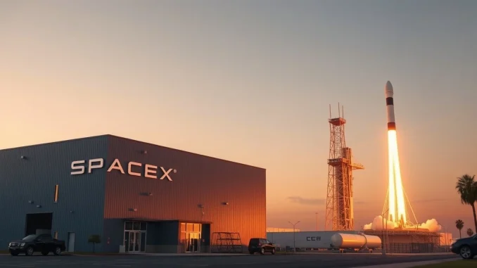 SpaceX headquarters with Falcon 9 rocket at sunset in Hawthorne, California