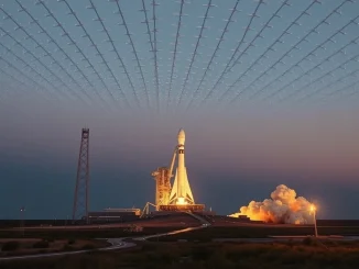 SpaceX Starship rocket launching at dusk with orbital satellite array visible in space above