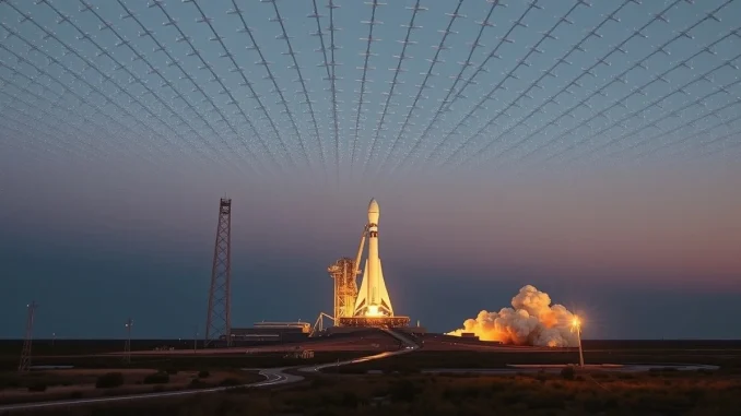 SpaceX Starship rocket launching at dusk with orbital satellite array visible in space above