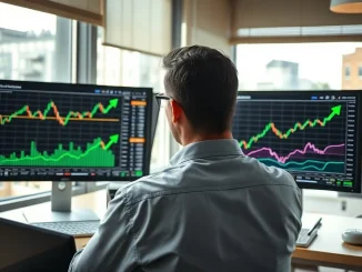 Financial analyst reviewing Bitcoin price charts on multiple screens in a modern office