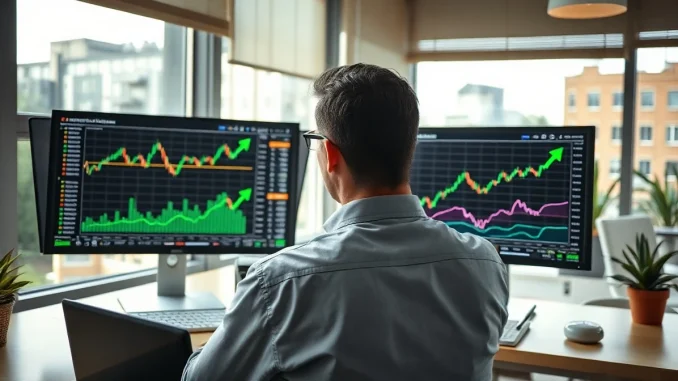Financial analyst reviewing Bitcoin price charts on multiple screens in a modern office