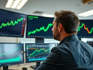 Financial analyst reviewing Bitcoin price charts on multiple monitors in a modern office