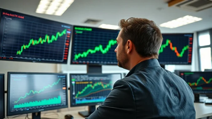 Financial analyst reviewing Bitcoin price charts on multiple monitors in a modern office