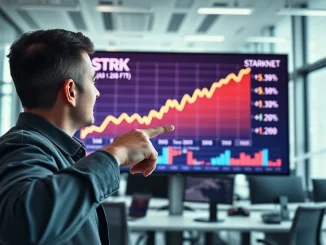Analyst pointing at Starknet STRK price chart approaching $1 target in modern trading office