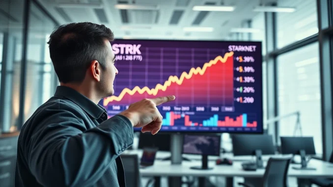 Analyst pointing at Starknet STRK price chart approaching $1 target in modern trading office