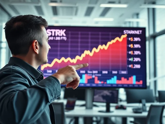 Analyst pointing at Starknet STRK price chart approaching $1 target in modern trading office